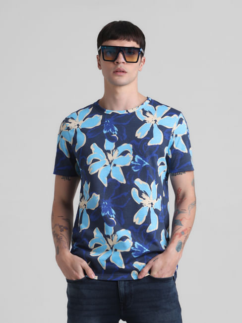 Blue Floral Crew Neck T-shirt