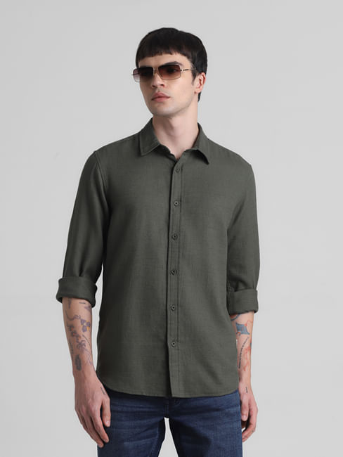 Green Dobby Cotton Full Sleeves Shirt