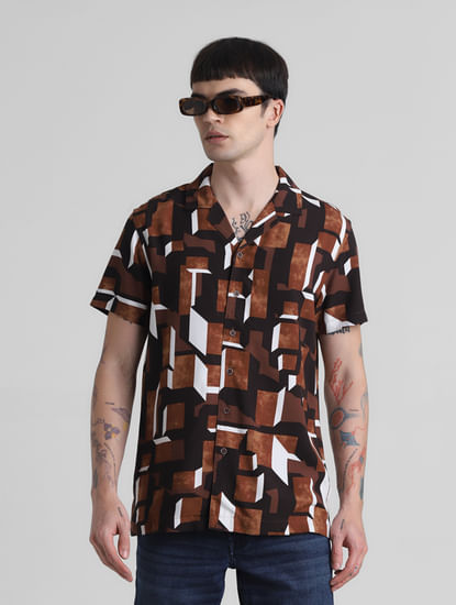 Brown Printed Short Sleeves Shirt