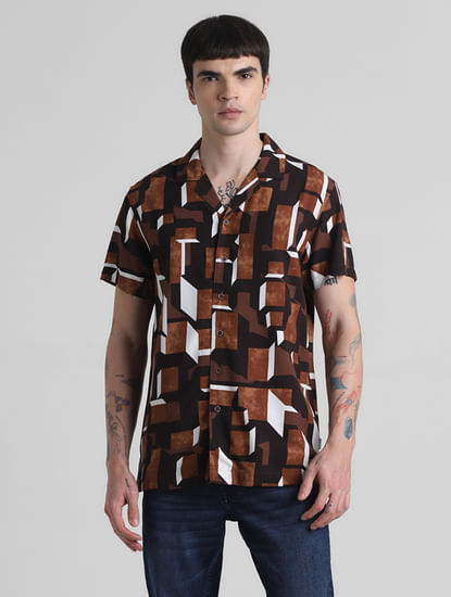 Brown Printed Short Sleeves Shirt