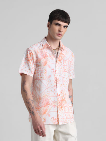 Peach Linen Blend Printed Shirt