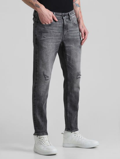 Grey Mid Rise Distressed Brak Slim Jeans