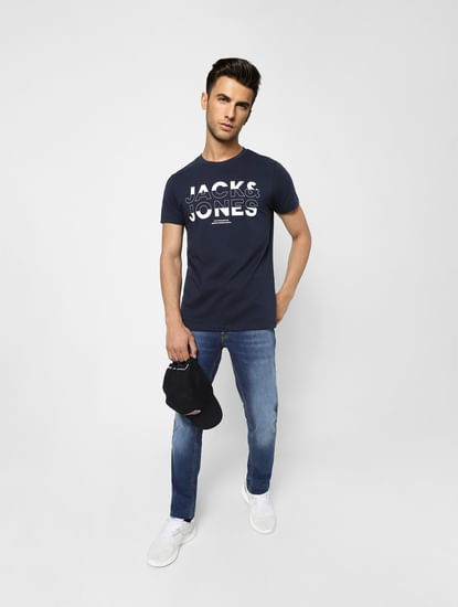 Navy Blue Logo Print Crew Neck T-shirt
