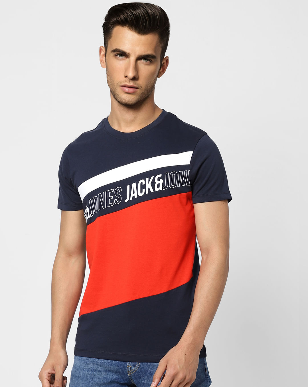 Buy Blue Colourblocked Crew Neck T-shirt for Men