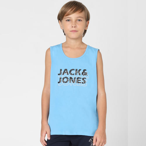 JACK&JONES Boys Blue Logo Print Sleeveless T-shirt