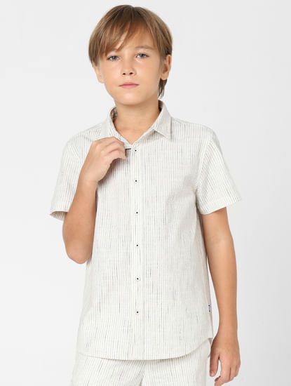 Boys White Striped Short Sleeves Shirt