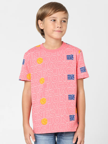 Boys Pink Logo Print Crew Neck T-shirt