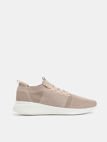 Beige Stretch Knit Lace-Up Sneakers