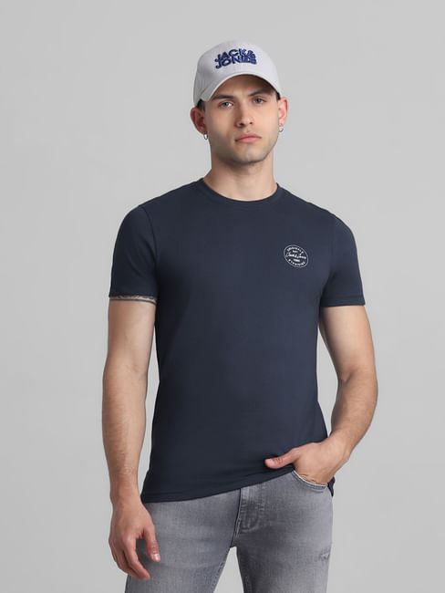 Dark Blue Cotton Crew Neck T-shirt