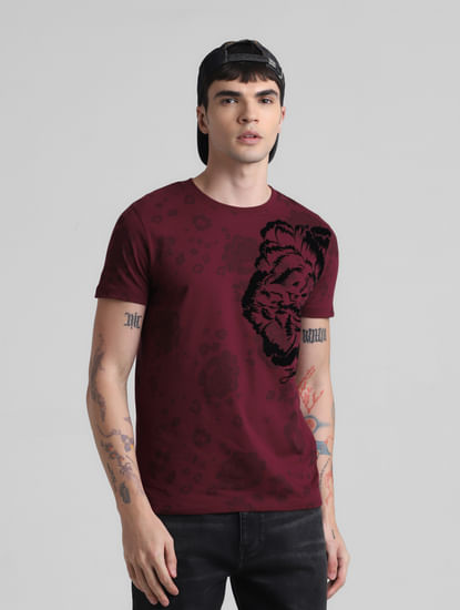 Maroon Floral Print Crew Neck T-shirt