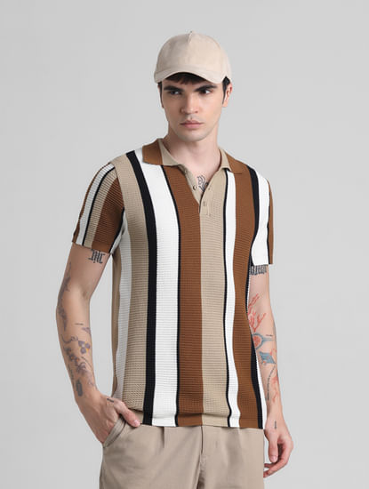 Brown Striped Knitted Polo