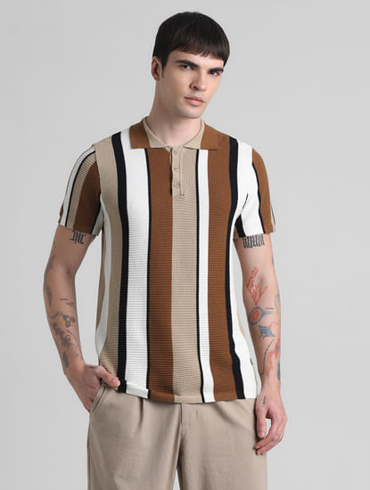 Brown Striped Knitted Polo