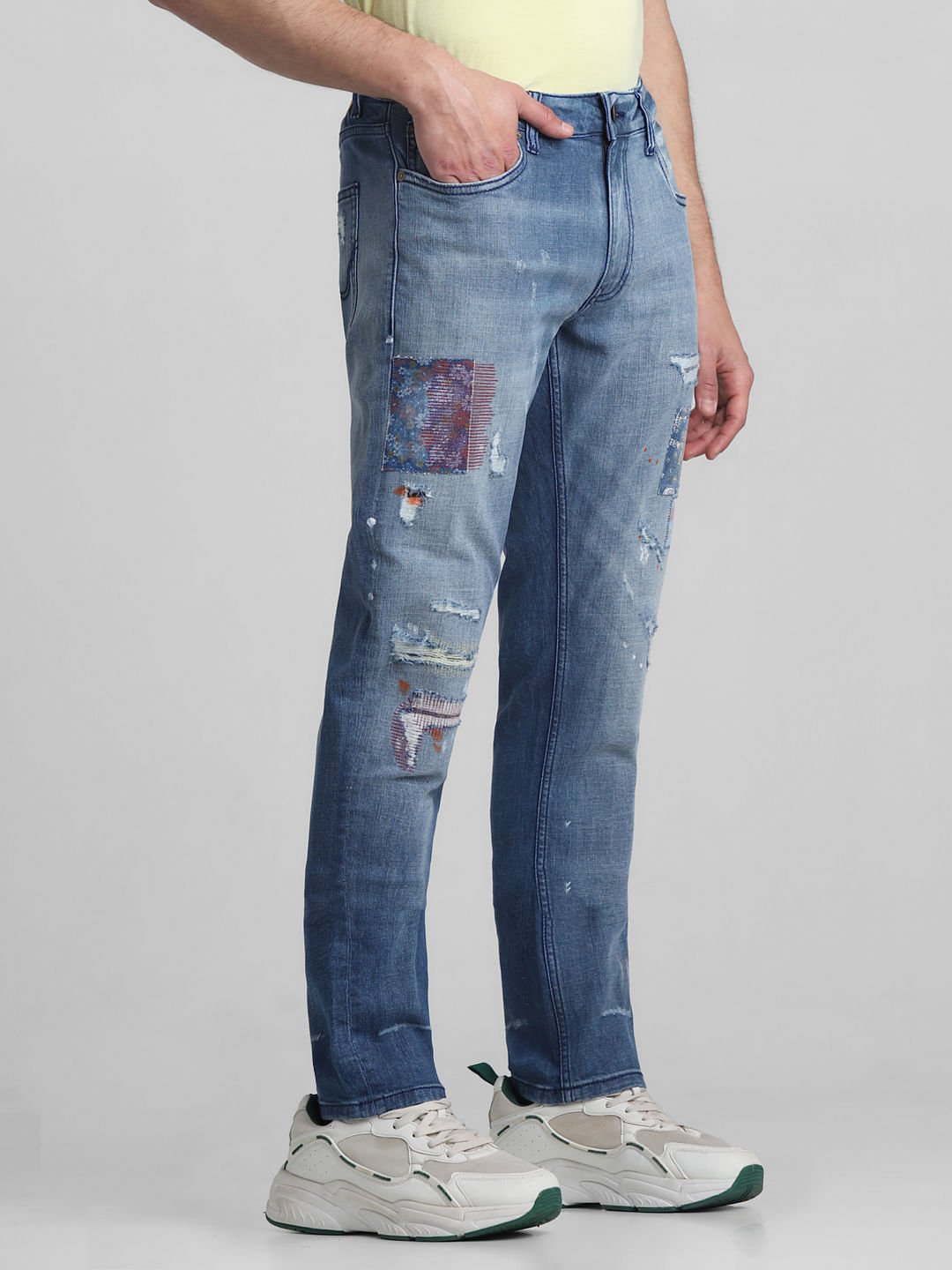 OFF-WHITE EV BRAVADO Crystal Distressed Denim Jeans Light Blue Men's - SS19  - US