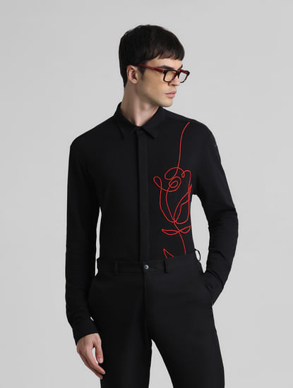 Black Embroidered Floral Shirt