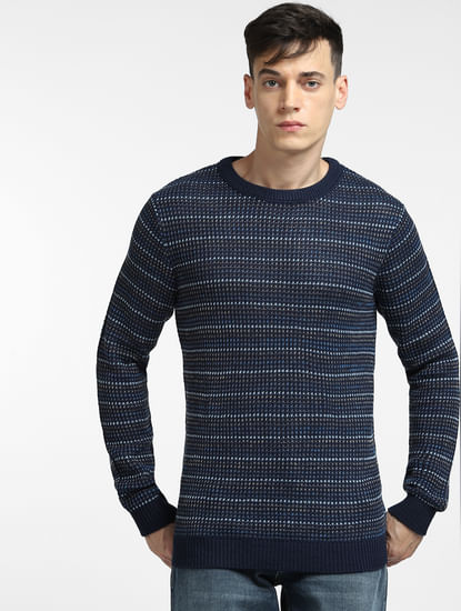 Blue Textured Striped Pullover