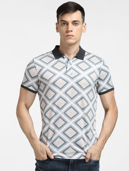 Grey Abstract Print Polo Neck T-shirt