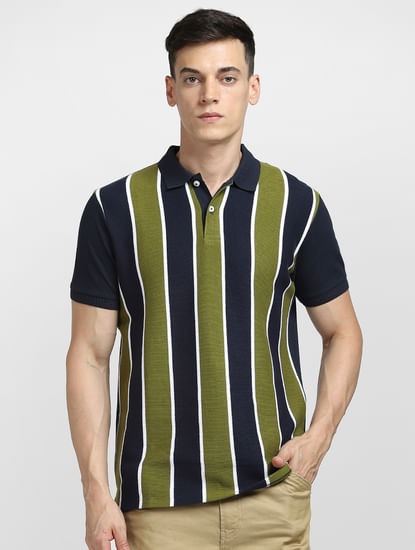 Green Striped Polo Neck T-shirt