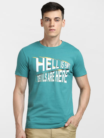 Blue Typographic Print Crew Neck T-shirt