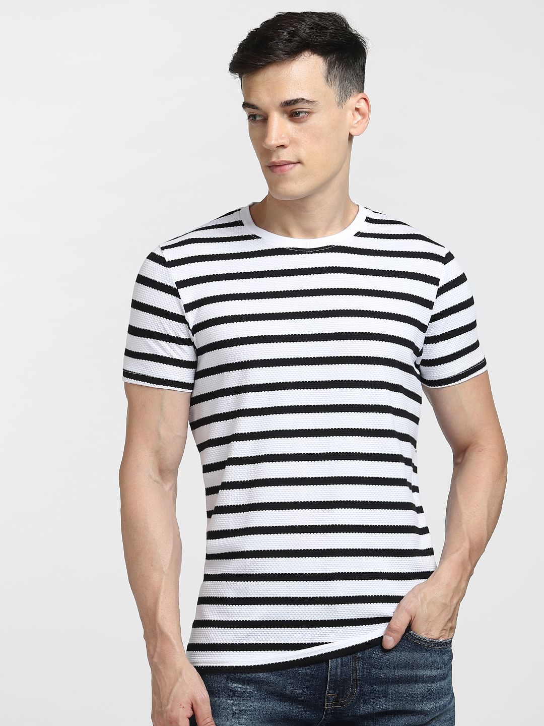 Mens black and white striped v neck t shirt best sale