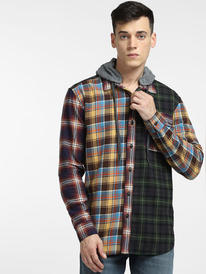 Brown Check Oversized Hooded Shirt