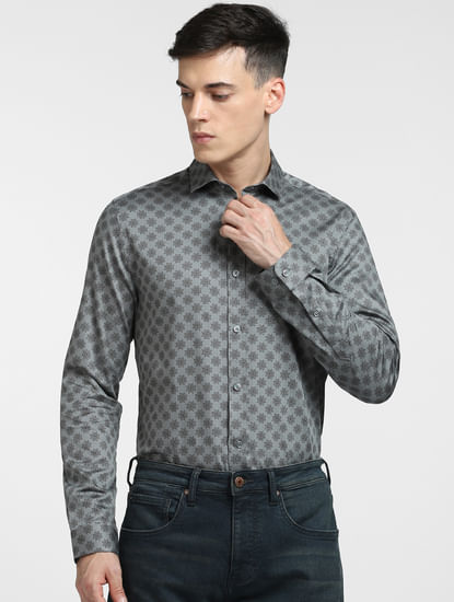 Grey Printed Full Sleeves Shirt