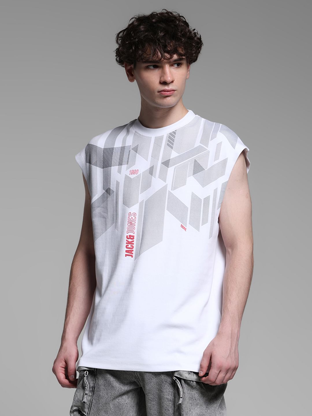 White Printed Sleeveless T-shirt|900756401-Cloud-Dancer