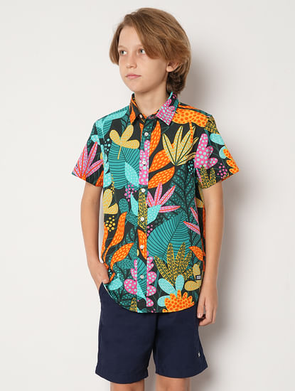 Boys Green Tropical Print Shirt