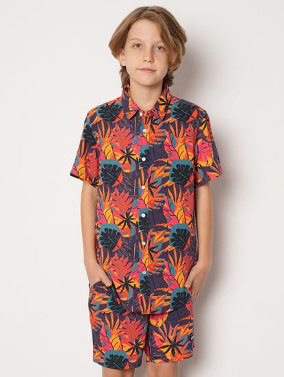 Boys Purple Tropical Print Co-ord Set Shirt