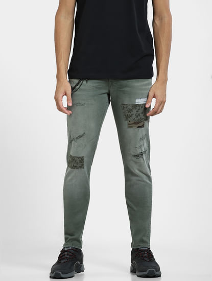 Green Low Rise Patch Work Slim Fit Jeans