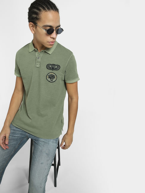 Green Embordered Patch Polo T-shirt