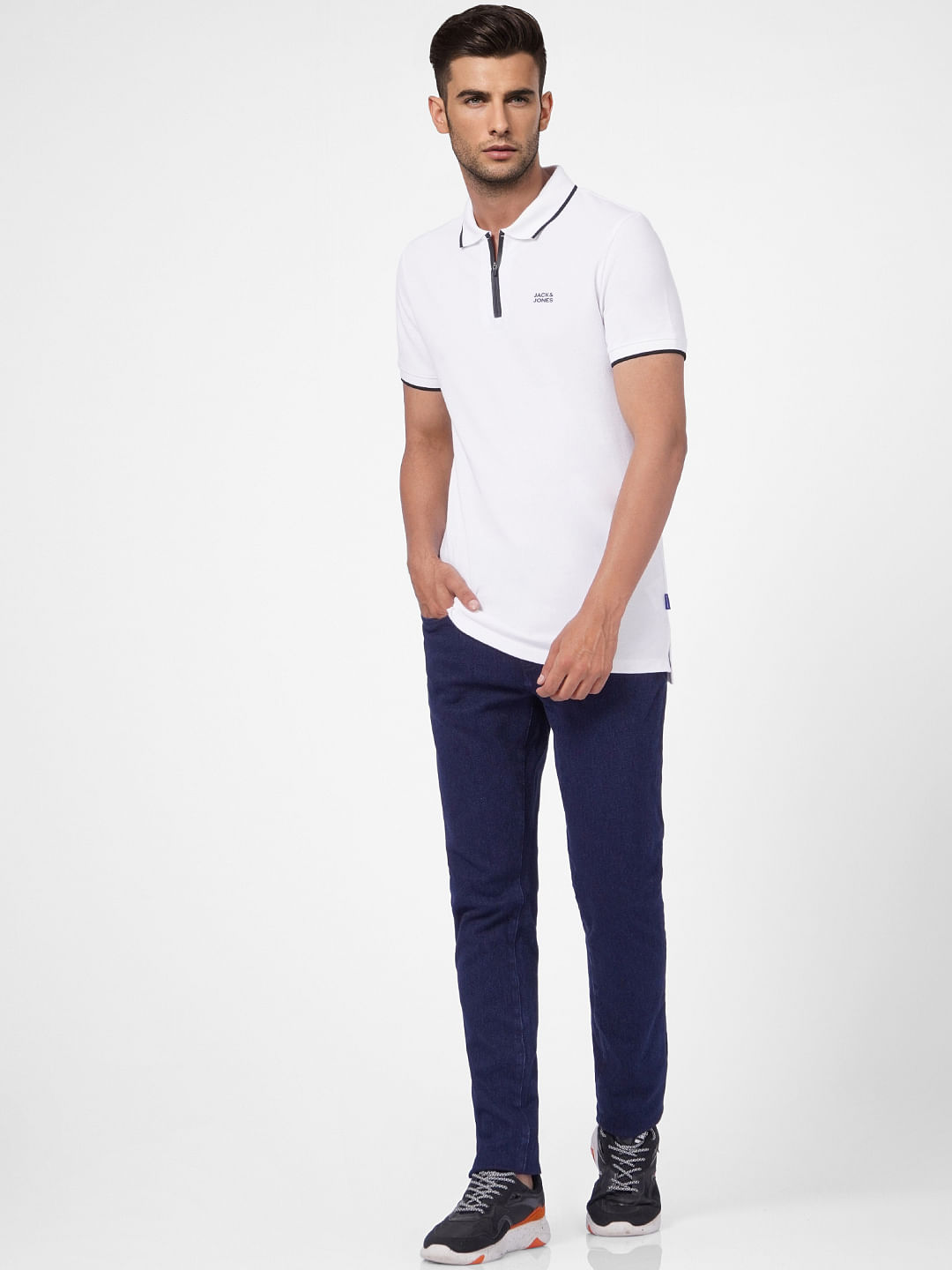Men's White Crew-neck T-shirt, Navy Wool Cargo Pants, Black Leather  Loafers, Dark Brown Leather Belt | Lookastic
