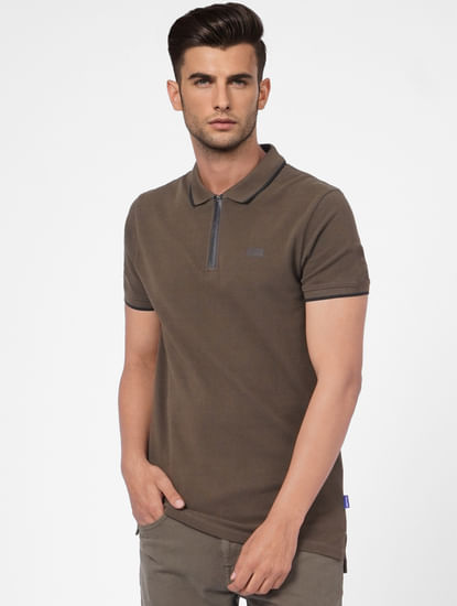 Green Front Zip Polo Neck T-shirt