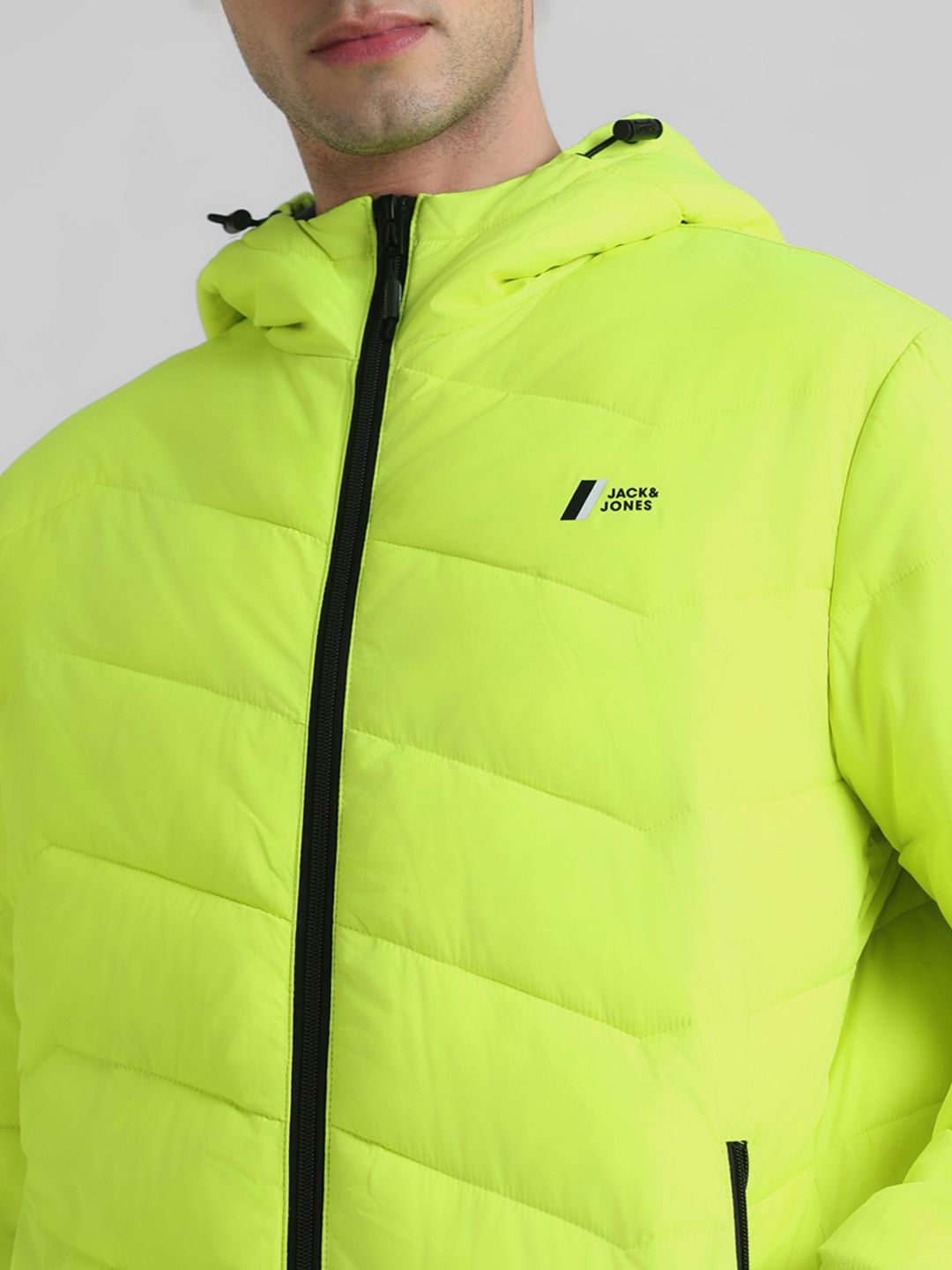 Neon Yellow Hooded Puffer Jacket For Men JACK JONES