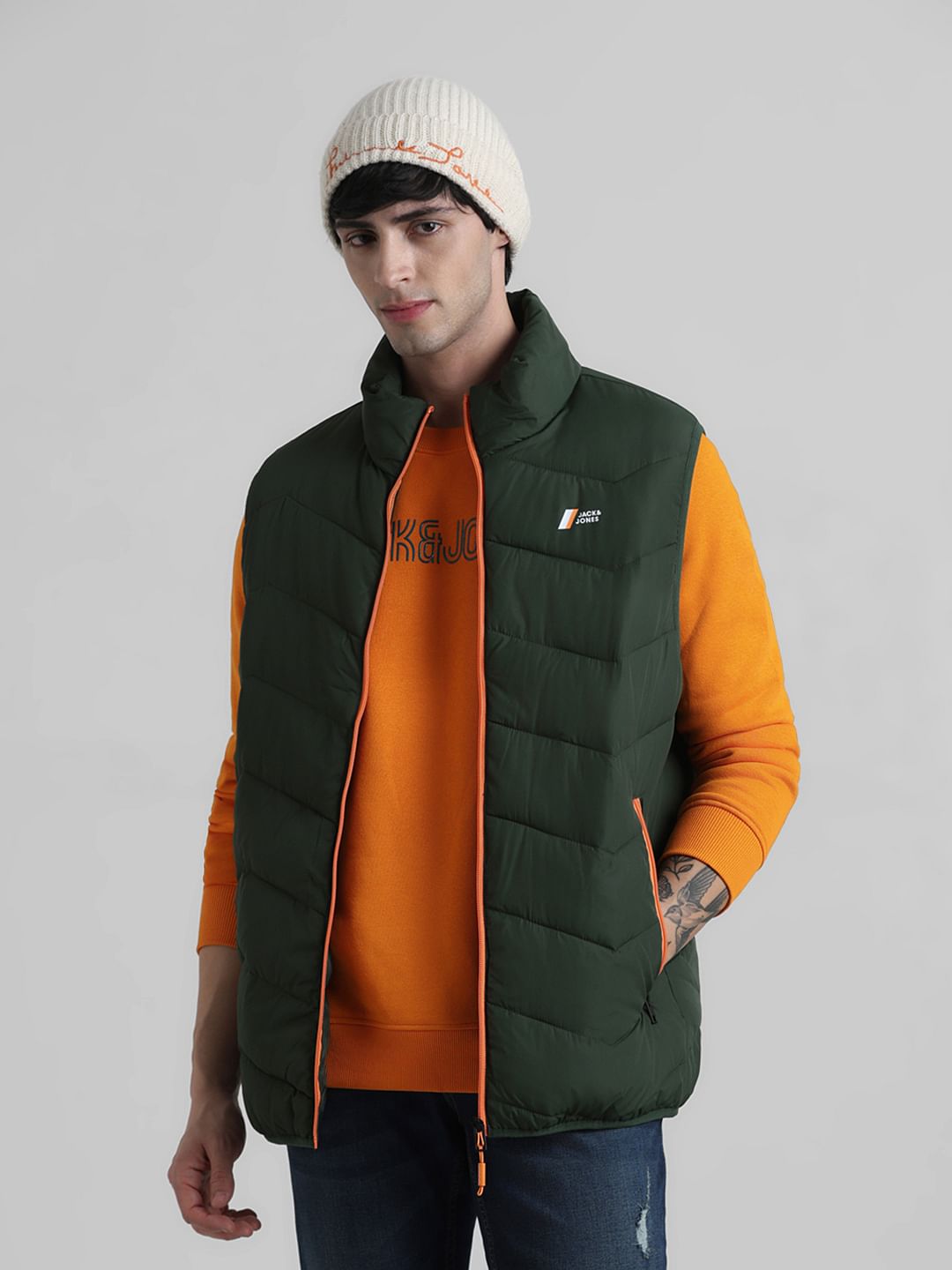 Orange sleeveless puffer clearance jacket