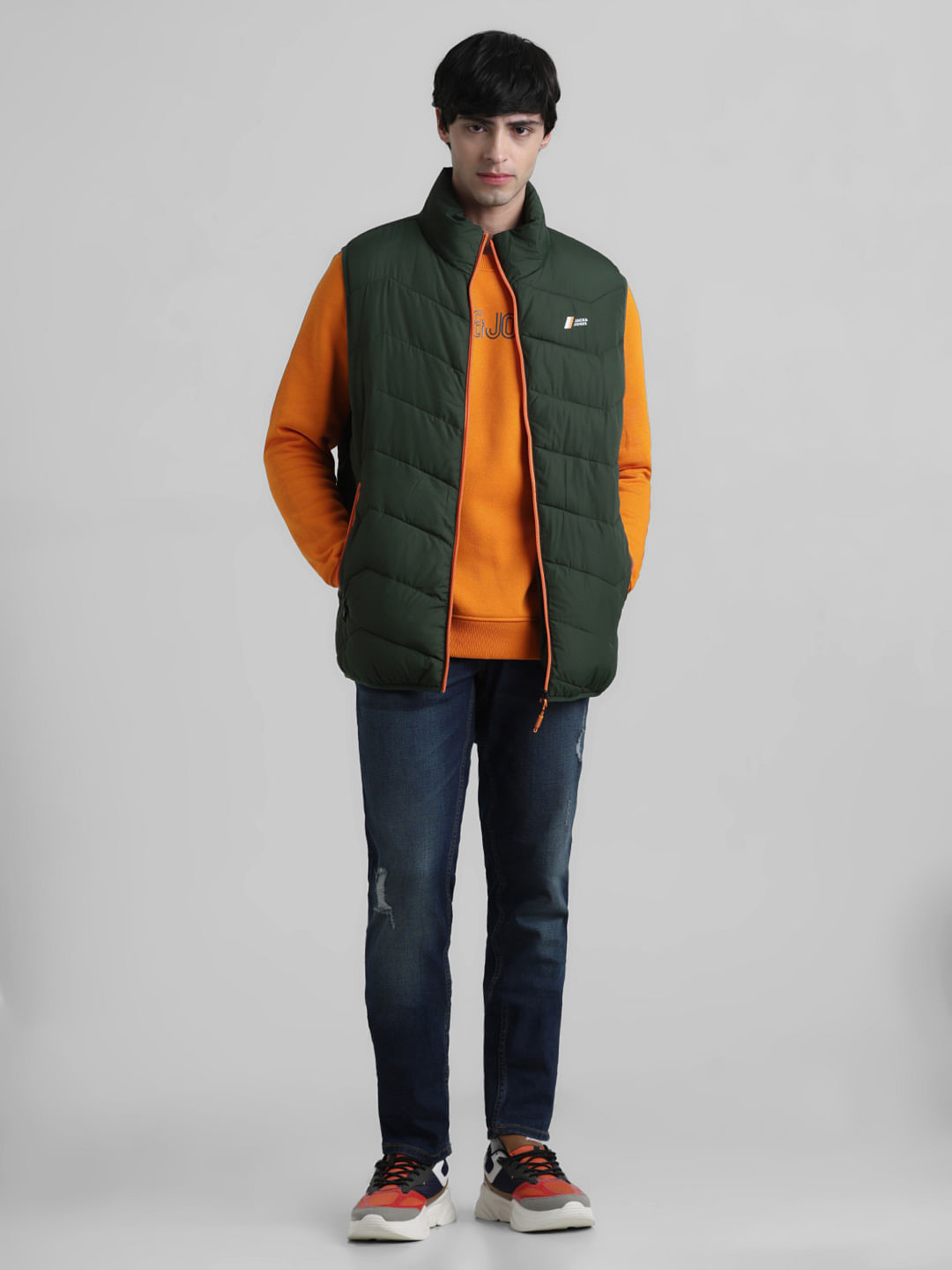 Orange sleeveless puffer outlet jacket