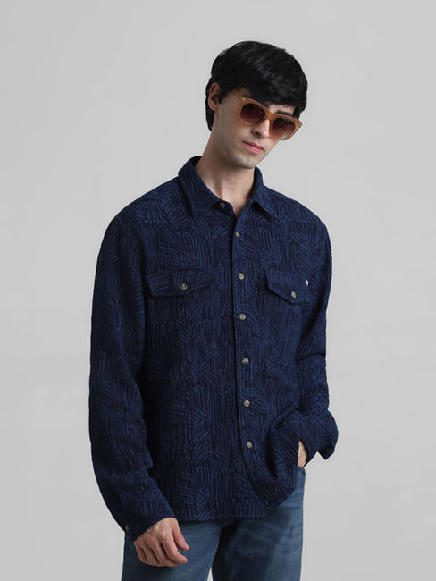 Dark Blue Indigo Dyed Jacquard Oversized Shirt