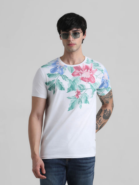 White Floral Print Crew Neck T-shirt