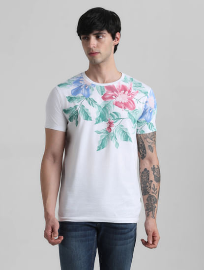 White Floral Print Crew Neck T-shirt