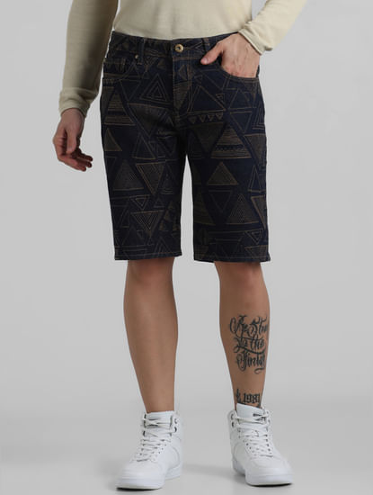 Dark Blue Low Rise Embroidered Denim Shorts