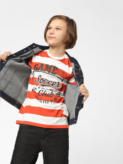 Boys Red Striped Crew Neck T-shirt