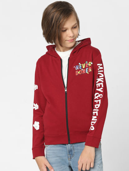 Boys Red Mickey Print Zip-Up Sweatshirt