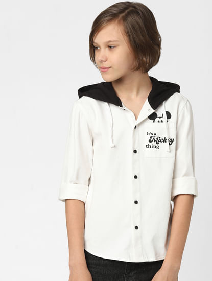 Boys White Mickey Print Hooded Shirt