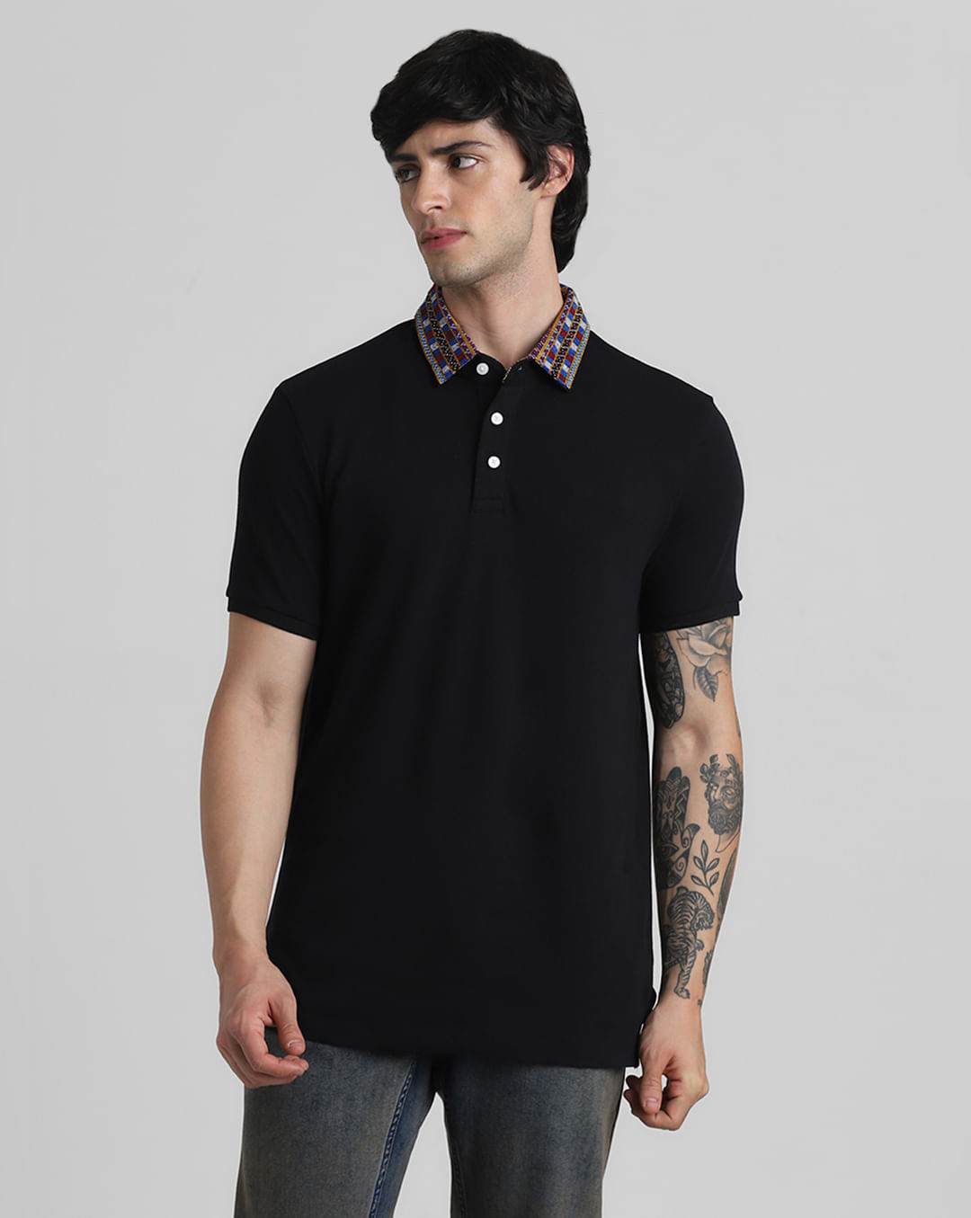 Black Patchwork Collar Polo T-shirt