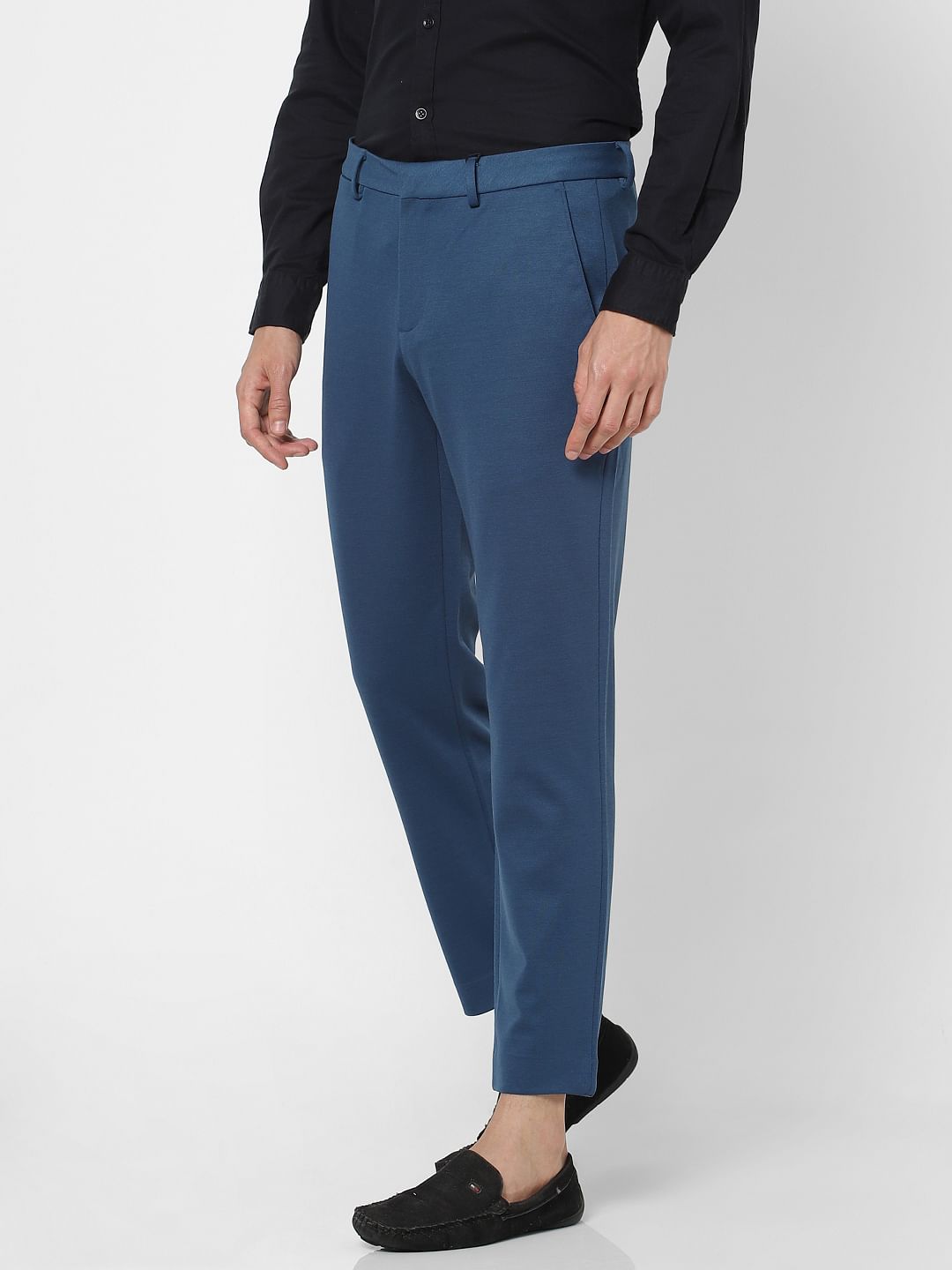 Teal blue cotton trousers slim fit