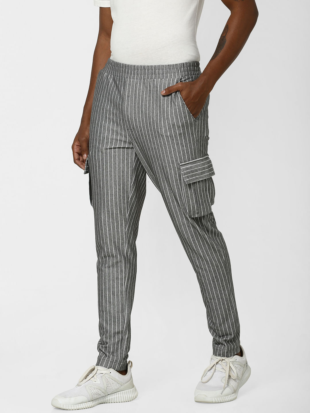 Buy Men Grey Striped Regular Fit Pants Online In India