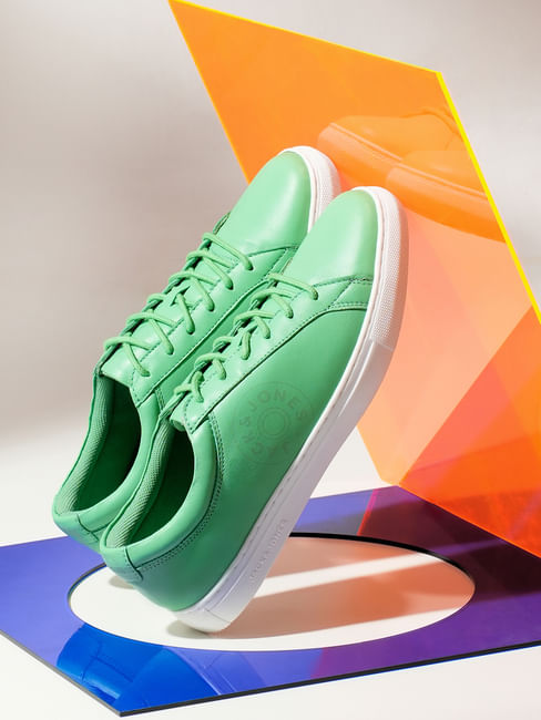 Green Leather Lace-Up Sneakers