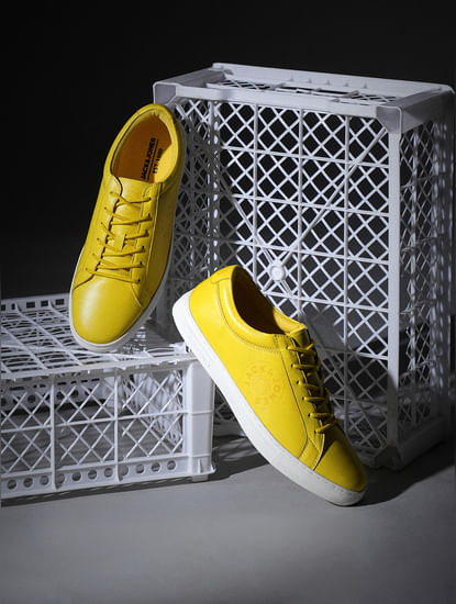 Yellow Leather Lace-Up Sneakers