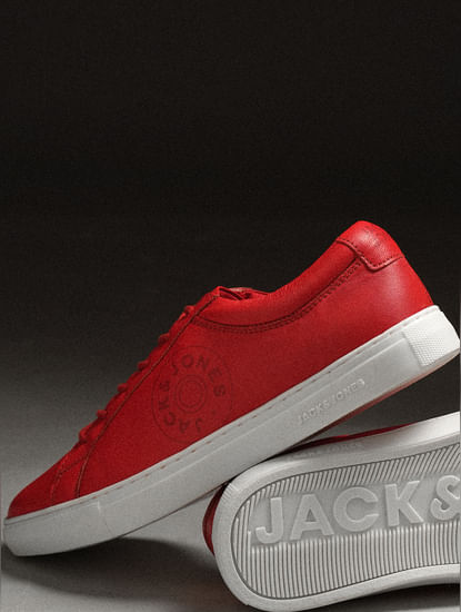 Red Leather Lace-Up Sneakers