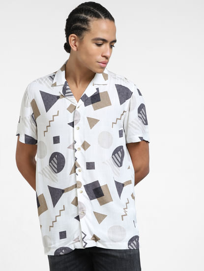 Beige Geometric Print Short Sleeves Shirt
