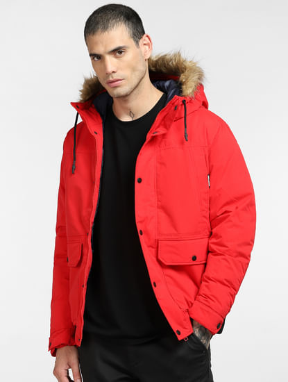 Red Fur Hood Casual Jacket